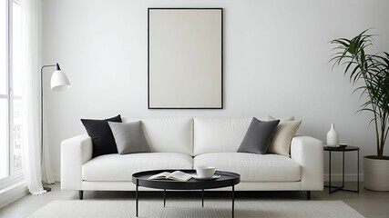 This image features a modern living room with minimalist decor. It includes a white sofa with gray pillows, a black coffee table, and an empty frame on the wall.