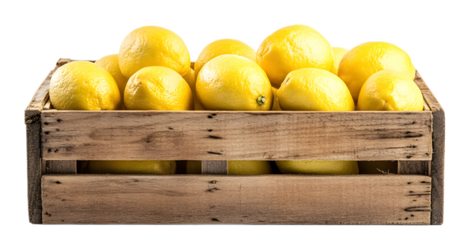 lemon fruit in wooden crate isolated on white background 