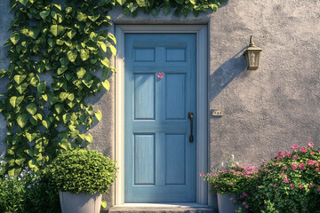 charming modern summer front door with blue wooden design, lush greenery