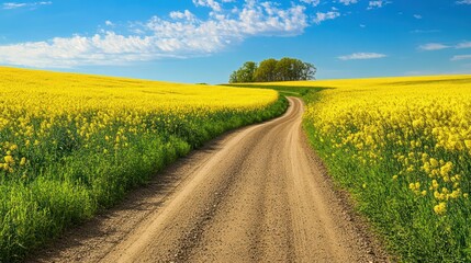 Winding dirt road through vibrant yellow rapeseed field, sunny day, idyllic countryside