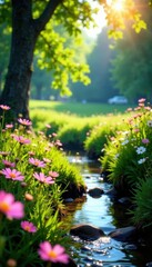 Obraz premium Sun-dappled meadow, wildflowers bloom near a gentle stream , background, green