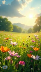 Obraz premium Sun-drenched meadow teeming with buzzing insects and colorful blossoms , ecosystem, orange