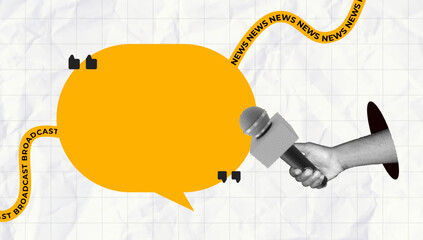 halftone collage, News broadcast concept with a hand holding microphone, speech bubble, and dynamic text elements. journalism, media, interviews, and live reporting, modern creative news communication