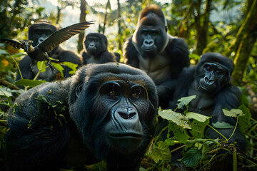 Obraz premium The Serene Ensemble of Rwandan Wildlife: A Silverback Gorilla family’s encounter in the lush Montane forests