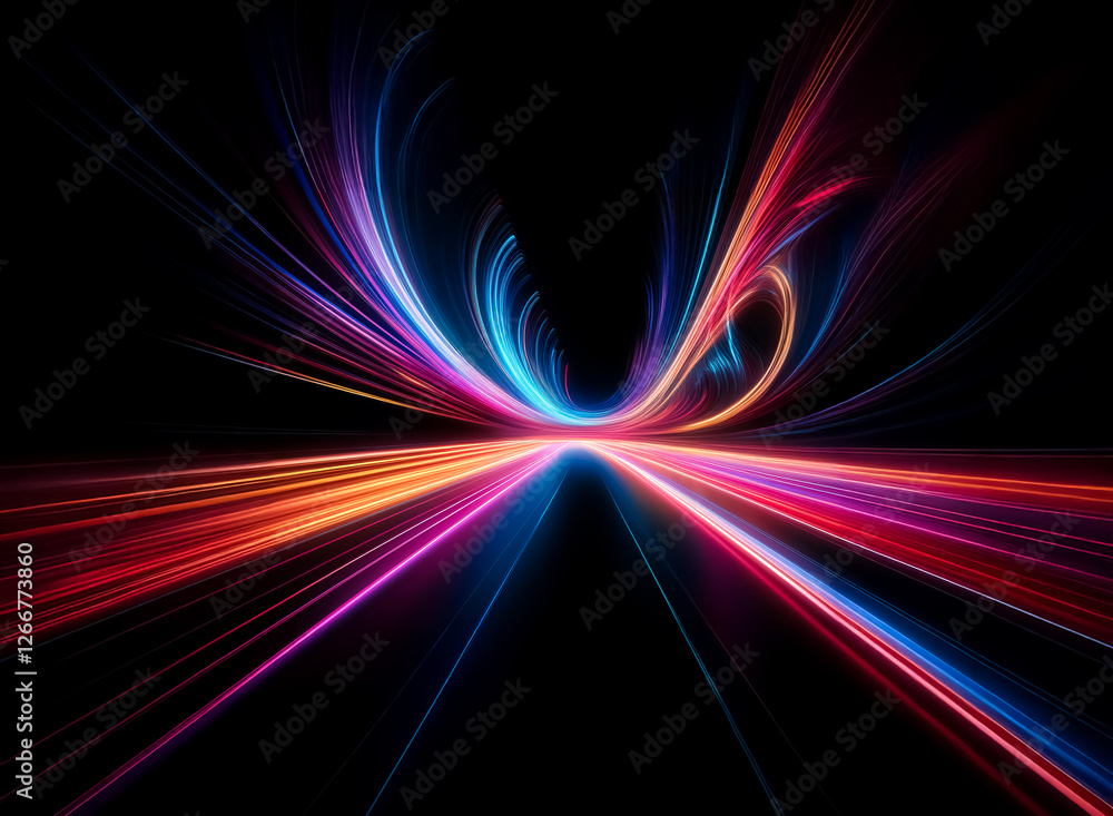 Poster vibrant light streaks dynamically flow on a dark backdrop, creating an abstract and energetic visual