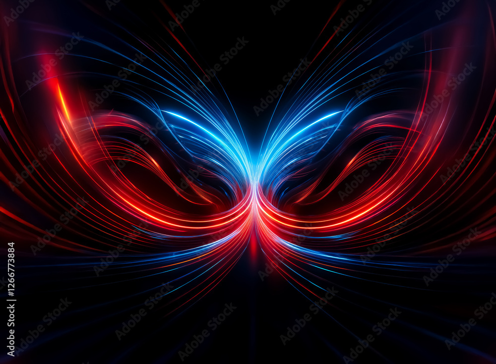 Poster an abstract image featuring vibrant red and blue light trails symmetrically arranged, creating a dyn