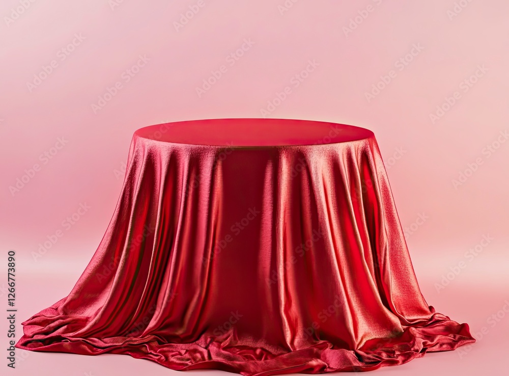 Poster 3d render of a podium with red fabric on a pink background, a minimal showcase scene for product pre