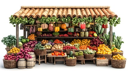 Fototapeta premium Vibrant display of fresh vegetables and fruits artfully arranged on a rustic wooden table