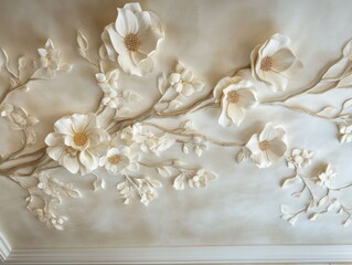 Elegant floral ceiling design, cream interior, plaster flowers, upscale home decor