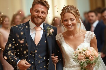 wedding, the bride and groom walk down the aisle surrounded by confetti. The bride holds a bouquet of flowers in her hands, and the groom is dressed in a suit. The scene is joyful and festive.