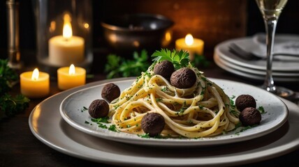 Indulge in Elegance: Creamy Truffle Pasta with Fresh Parsley and Shaved Truffles in a Candlelit Ambiance