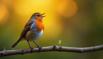 Sunrise robin perched on branch, singing joyfully , wings, macro, forest