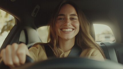 Obraz premium Smiling Woman Fastening Seatbelt in Car