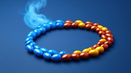 Steaming colorful pills circle on blue background