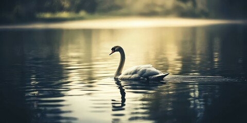 Fototapeta premium Swan gliding gracefully across a calm lake at sunrise