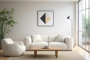 This image depicts a modern living room with a minimalist design. It features a white sofa, an armchair, a wooden coffee table, and a geometric painting on the wall.