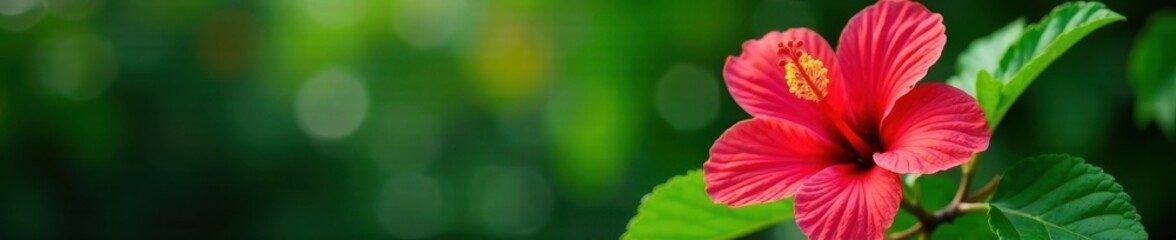 Vibrant hibiscus bloom, buds, lush green leaves , closeup, vibrant, colorful