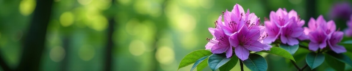 Obraz premium Vibrant purple rhododendron blooms amid lush green English woodland foliage , color, trees