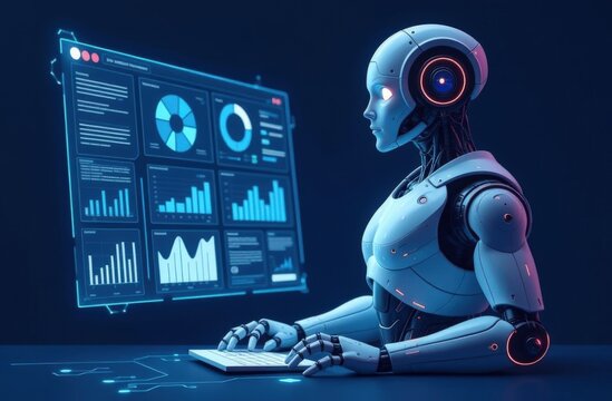 Futuristic robot analyzing data on digital screen in tech environment