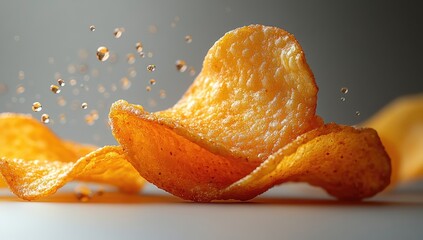 Close up of crispy potato chips with water droplets splashing around.  Golden brown chips with textured surface are in a dynamic pose.  Gray background with studio lighting emphasizes the chips