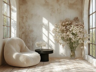 Minimalist Scandinavian interior design with soft light plush chair round table and flower arrangement
