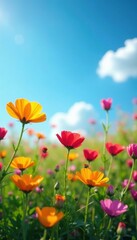Vibrant wildflowers bloom under a clear blue sky , serene, summer