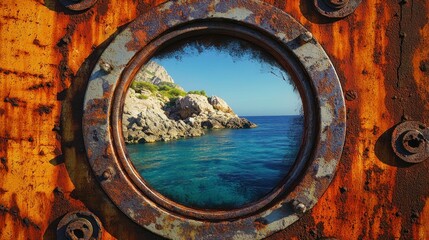 Rusty ship porthole view of coastal scene