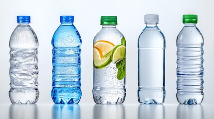 Variety of Bottled Water with Fresh Lemon and Mint Ingredients