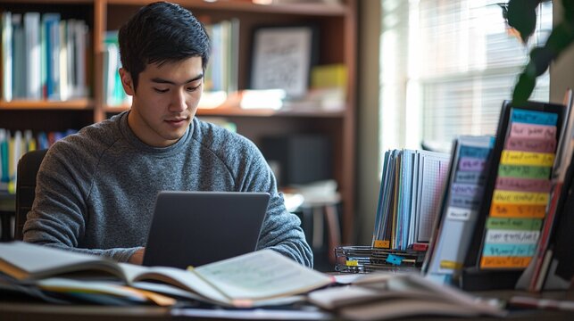 A student intensely prepares for exams in a professional workspace, surrounded by textbooks, a laptop, organized notes, and color-coded planners and flashcards.