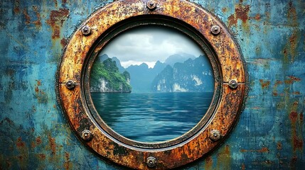 Rusty porthole view of scenic mountains and water