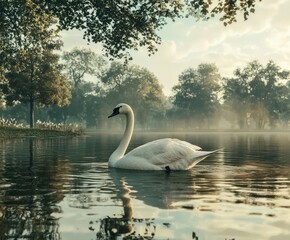 Swan gliding serenely across a tranquil lakeside at dawn