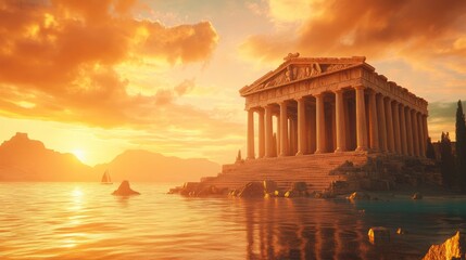 Obraz premium Sunset over Grecian temple, sea, mountains. Travel, history, architecture