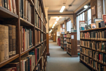 "Library with many shelves filled with books, featuring a diminishing perspective and shallow depth of field for a visually dynamic effect."