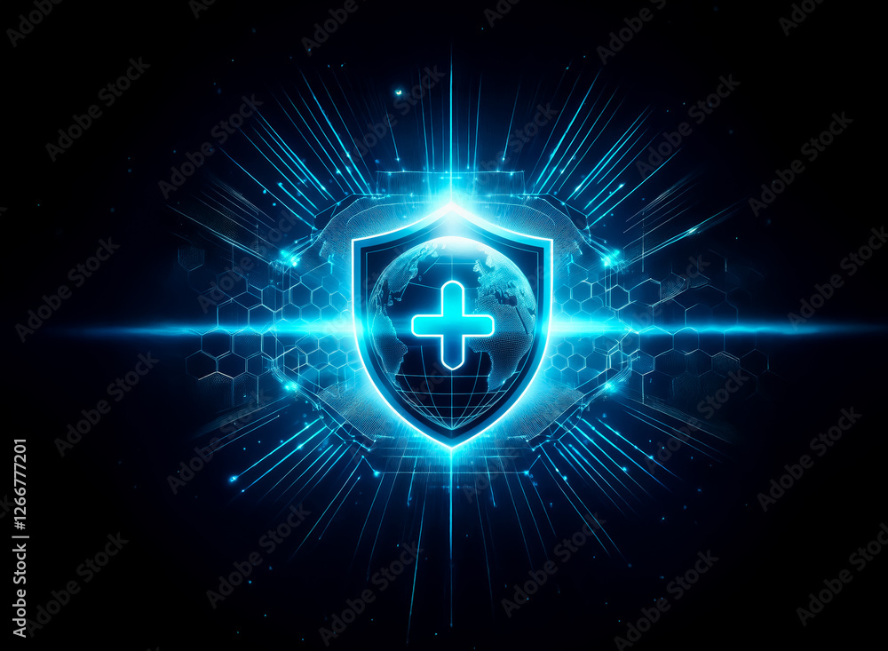 Aufkleber a glowing blue shield with a globe and plus symbol is centered against a dark backdrop, radiating li