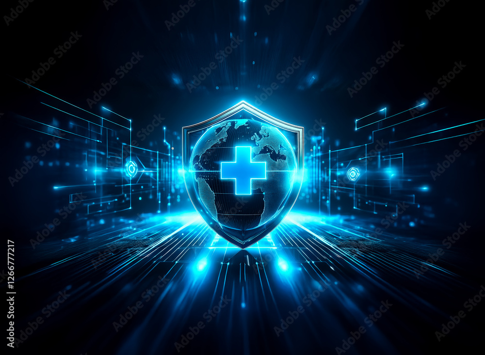 Poster a digital shield with a globe and a plus symbol glows against a dark blue backdrop with radiating li