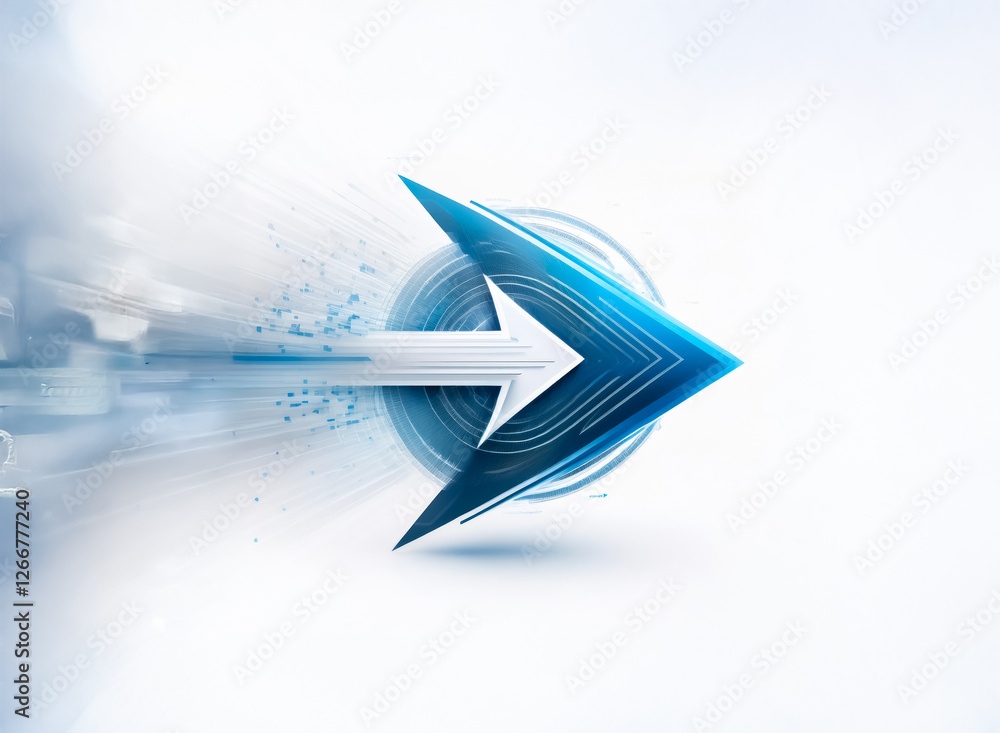 Poster a dynamic blue and white arrow swiftly moves right, showcasing speed and direction. motion blur crea