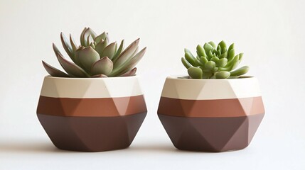 A modern, minimalist plant pot with geometric lines and an earthy finish, featuring a small succulent against a white backdrop.