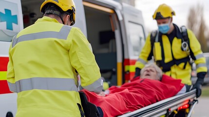 Emergency medical team assisting elderly patient with care