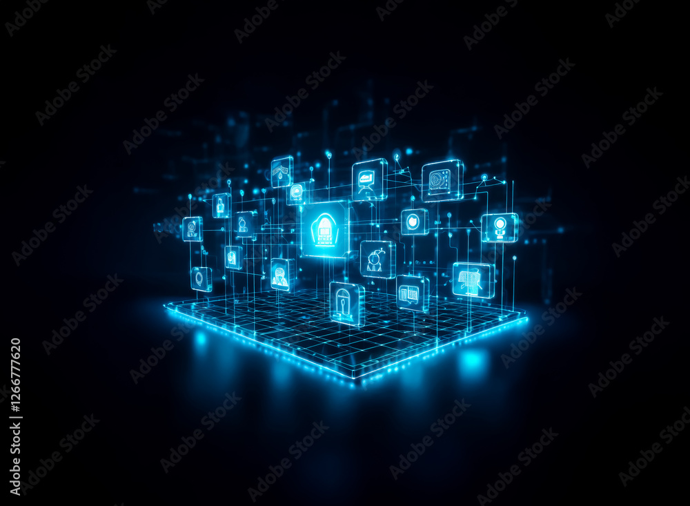 Poster a glowing blue cube displays digital icons on its faces, representing a futuristic concept of interc