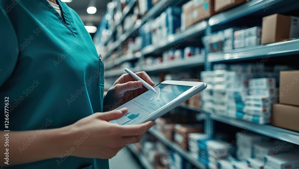 Poster inventory manager uses tablet for efficient stocktaking and analysis in warehouse setting