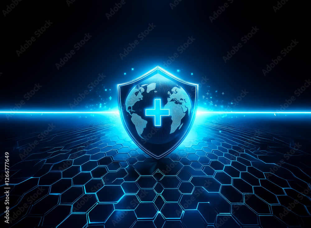 Poster a luminous blue shield emblem, featuring a world map and a plus symbol, rests on a dark backdrop wit