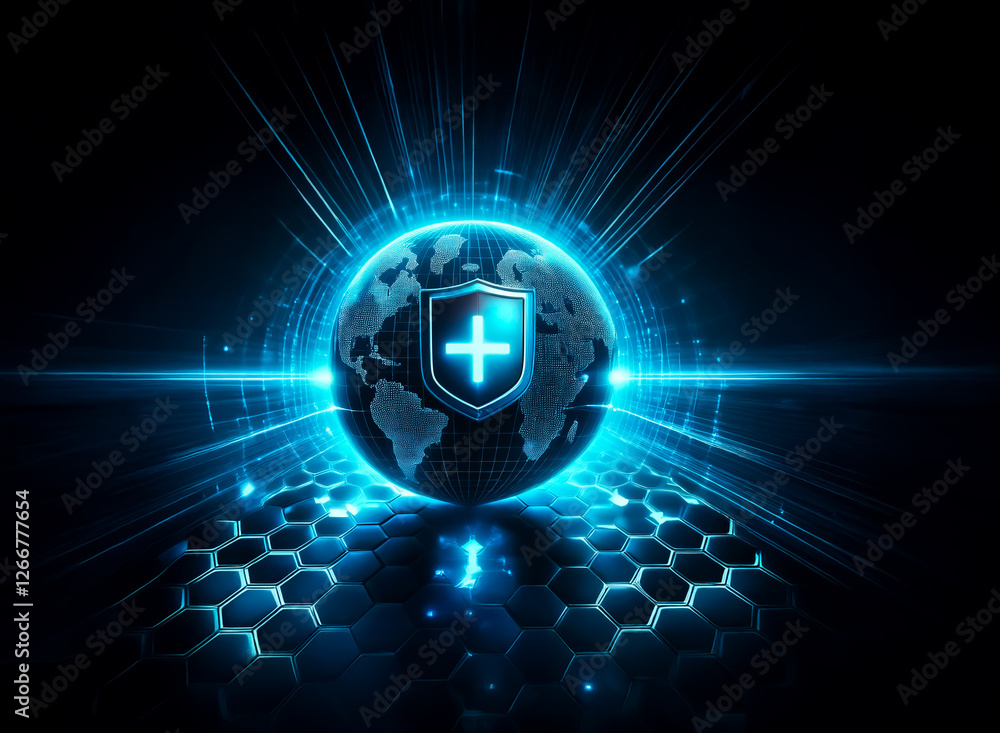 Aufkleber glowing globe with a shield and plus sign represents global protection on a hexagonal surface with r