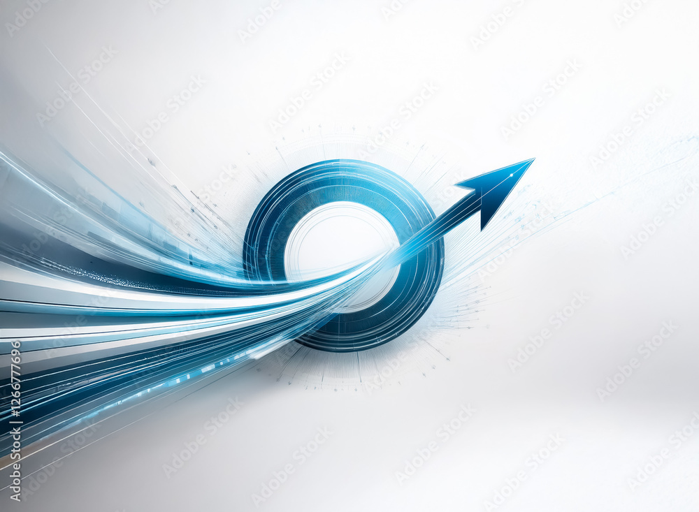 Poster a blue arrow dynamically streaks through a circular shape on a clean white background. motion and di