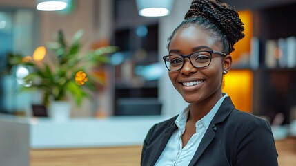 Celebrate National Receptionist Day with a friendly receptionist creating a warm, professional atmosphere in a tidy reception area while engaging with clients.