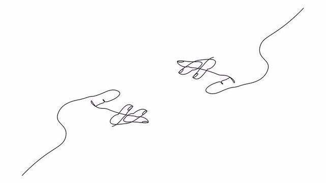 Self drawing simple animation of two hands reaching out towards each other drawn by continuous one line. Animated single line romantic or helping concept. Minimalist sketch 4k footage.