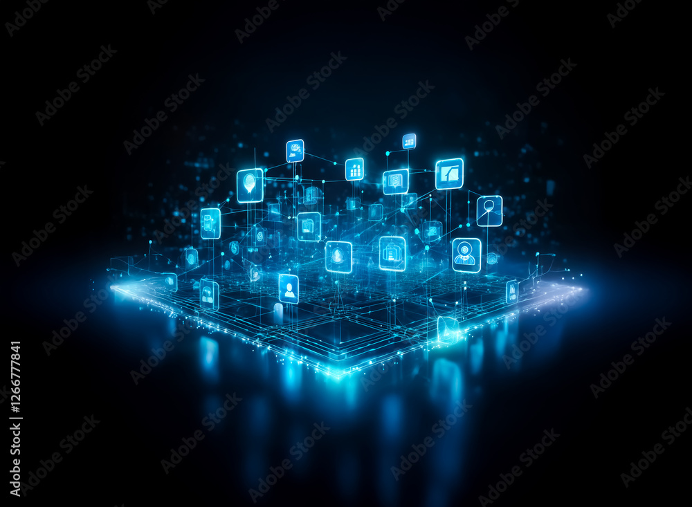 Poster a glowing blue digital platform emits interconnected icons against a dark backdrop, representing a f