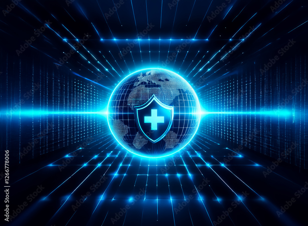 Poster futuristic digital image of a glowing globe with a shield and plus symbol in blue. abstract lines cr