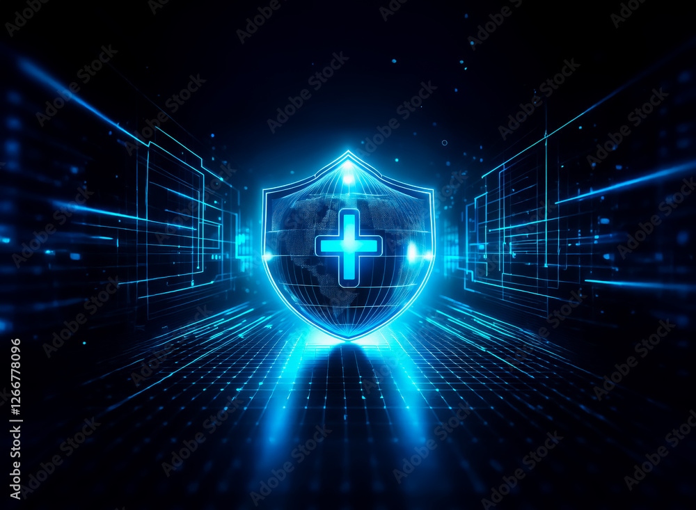 Poster glowing blue shield with a plus symbol in a digital space. futuristic and technological design with 