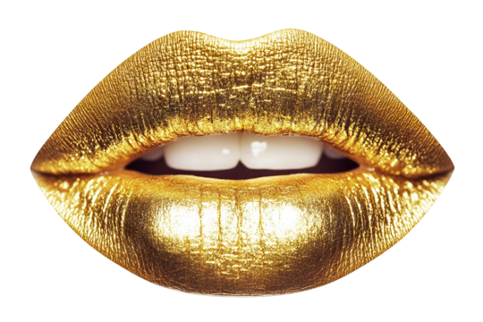 Golden lips with metallic shine, isolated on transparent cutout background