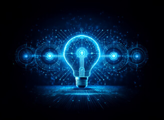 Luminous blue lightbulb with circuit patterns on a dark background. Represents digital technology, innovation, and bright ideas.